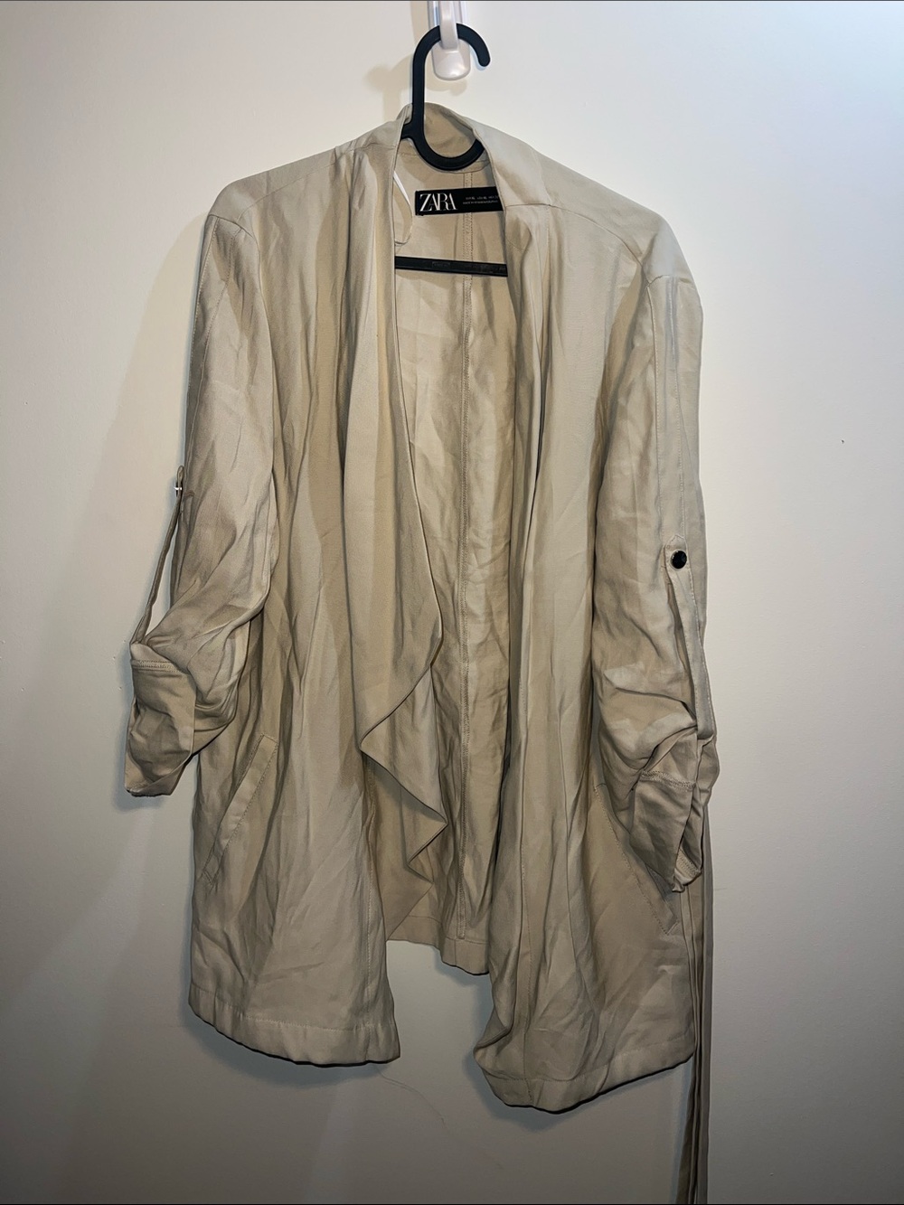 Zara Light Beige Open-Front Draped Trench Coat